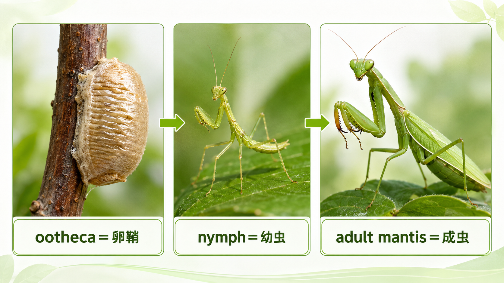 カマキリのootheca卵鞘、nymph幼虫、adult mantis成虫の成長段階