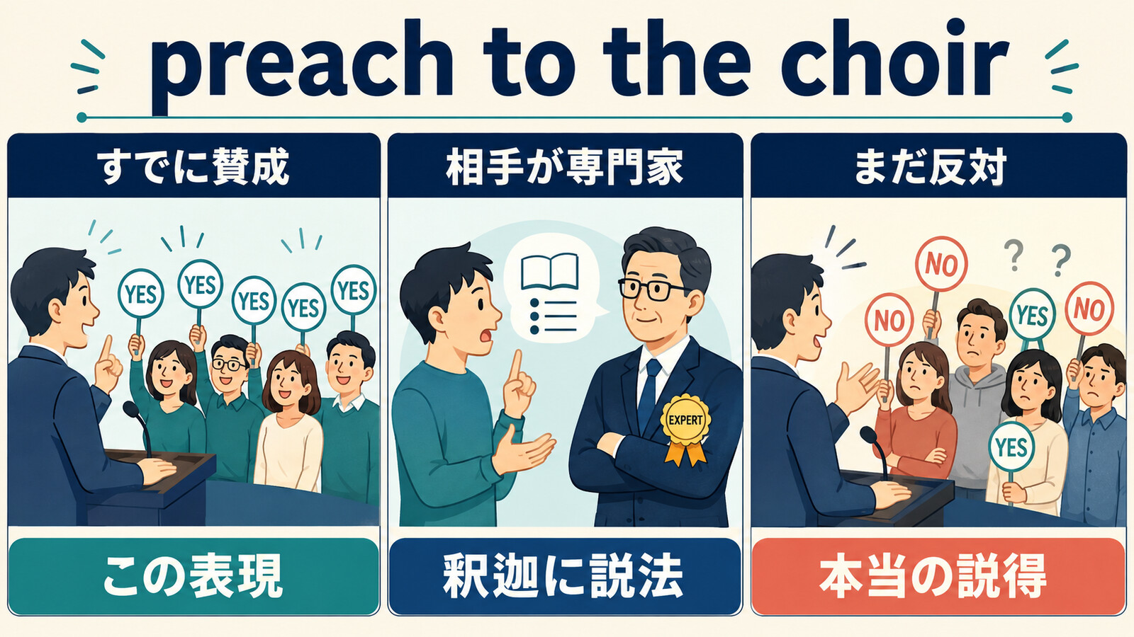 preach to the choirと釈迦に説法・本当の説得の違いを比較する解説図