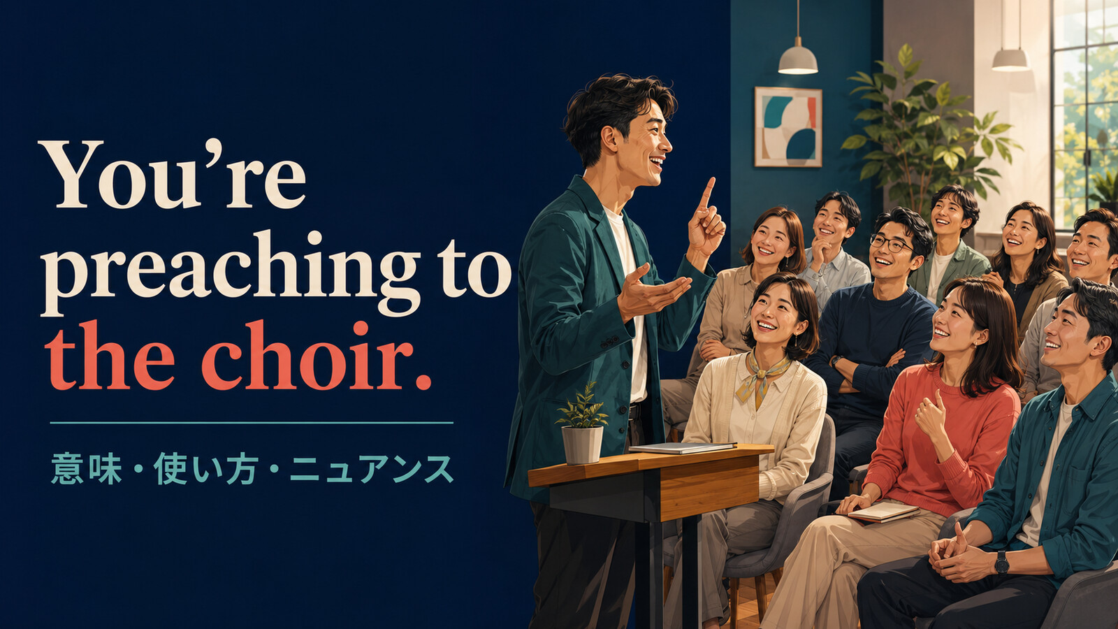 You’re preaching to the choir.の意味・使い方・ニュアンスを解説するアイキャッチ画像