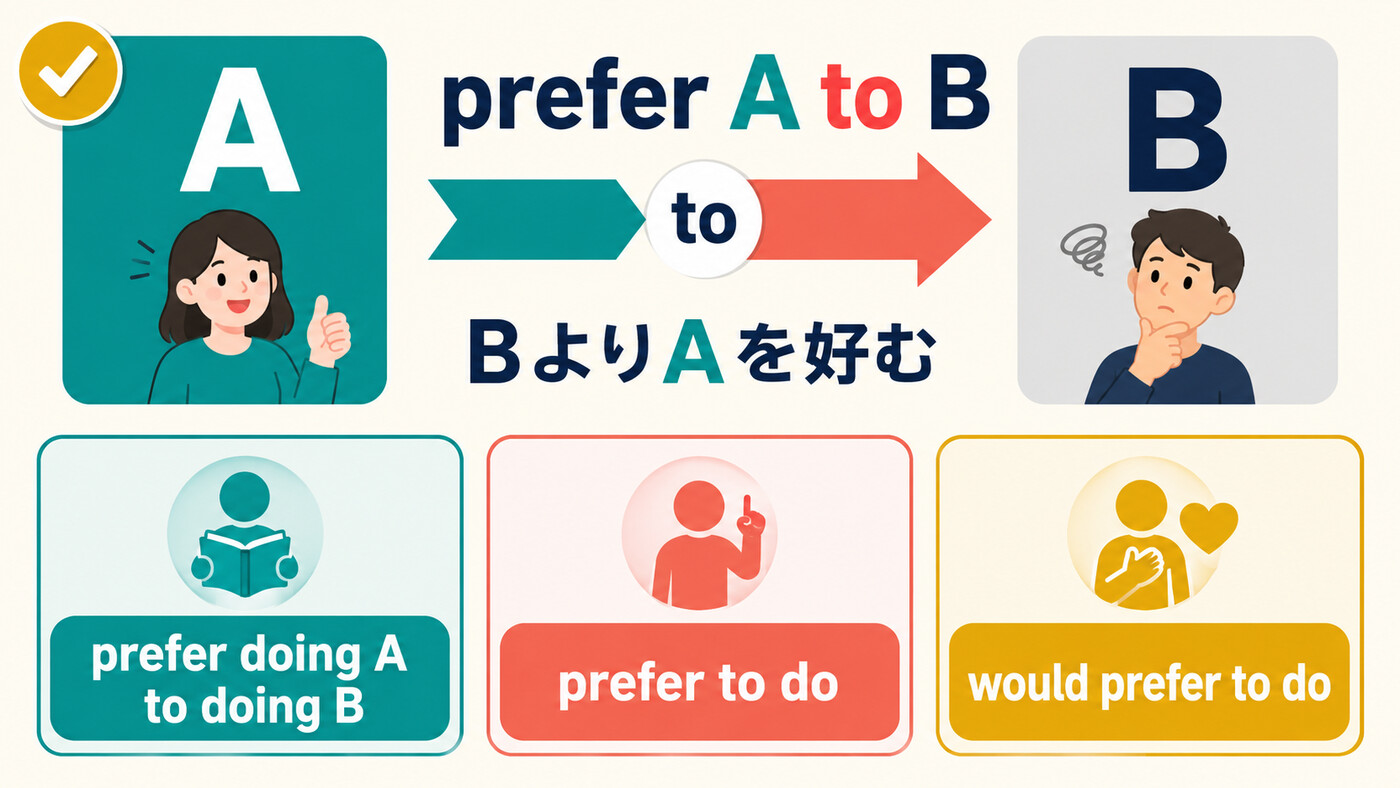 prefer A to B、prefer doing A to doing B、prefer to do、would prefer to doの使い分け