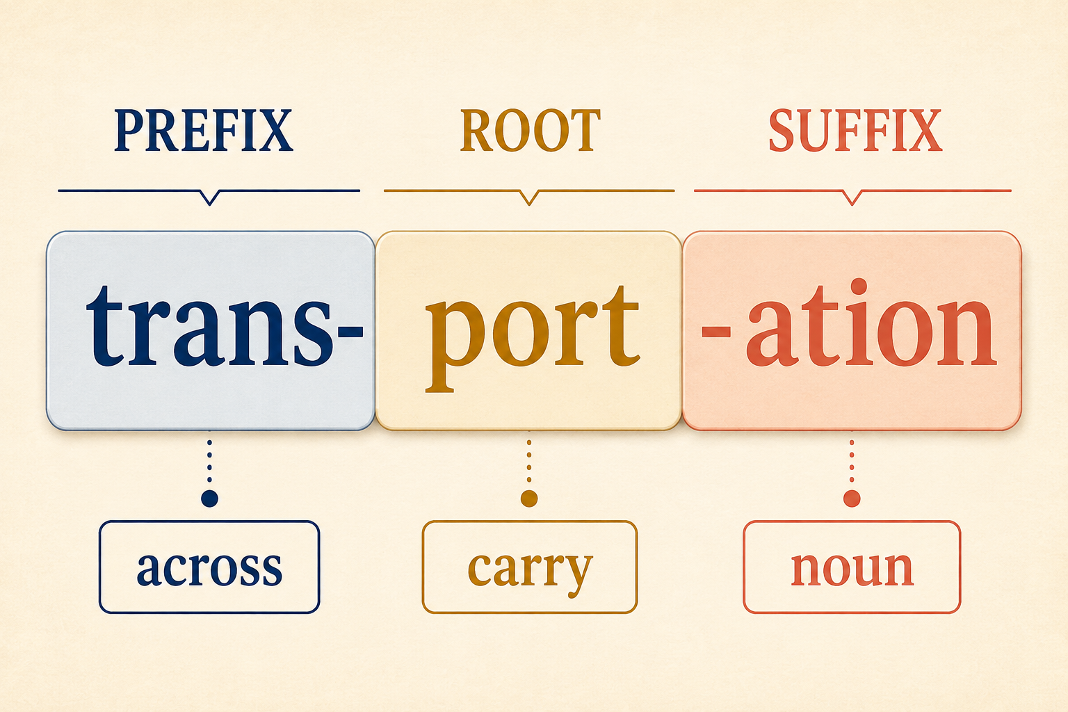 transportationを接頭辞trans・語根port・接尾辞ationに分けた図