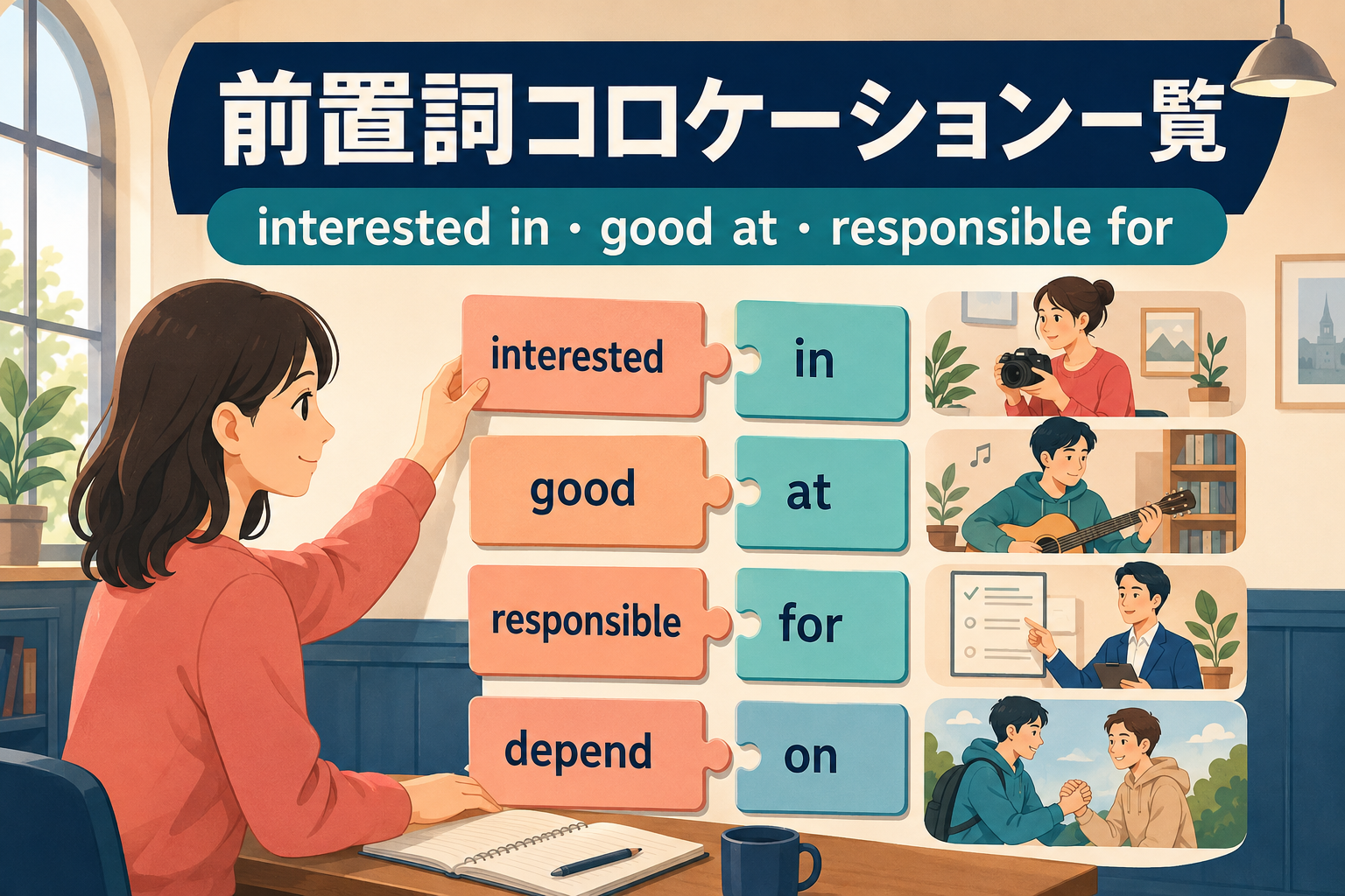 interested in・good at・responsible forなどの前置詞コロケーションを示したアイキャッチ