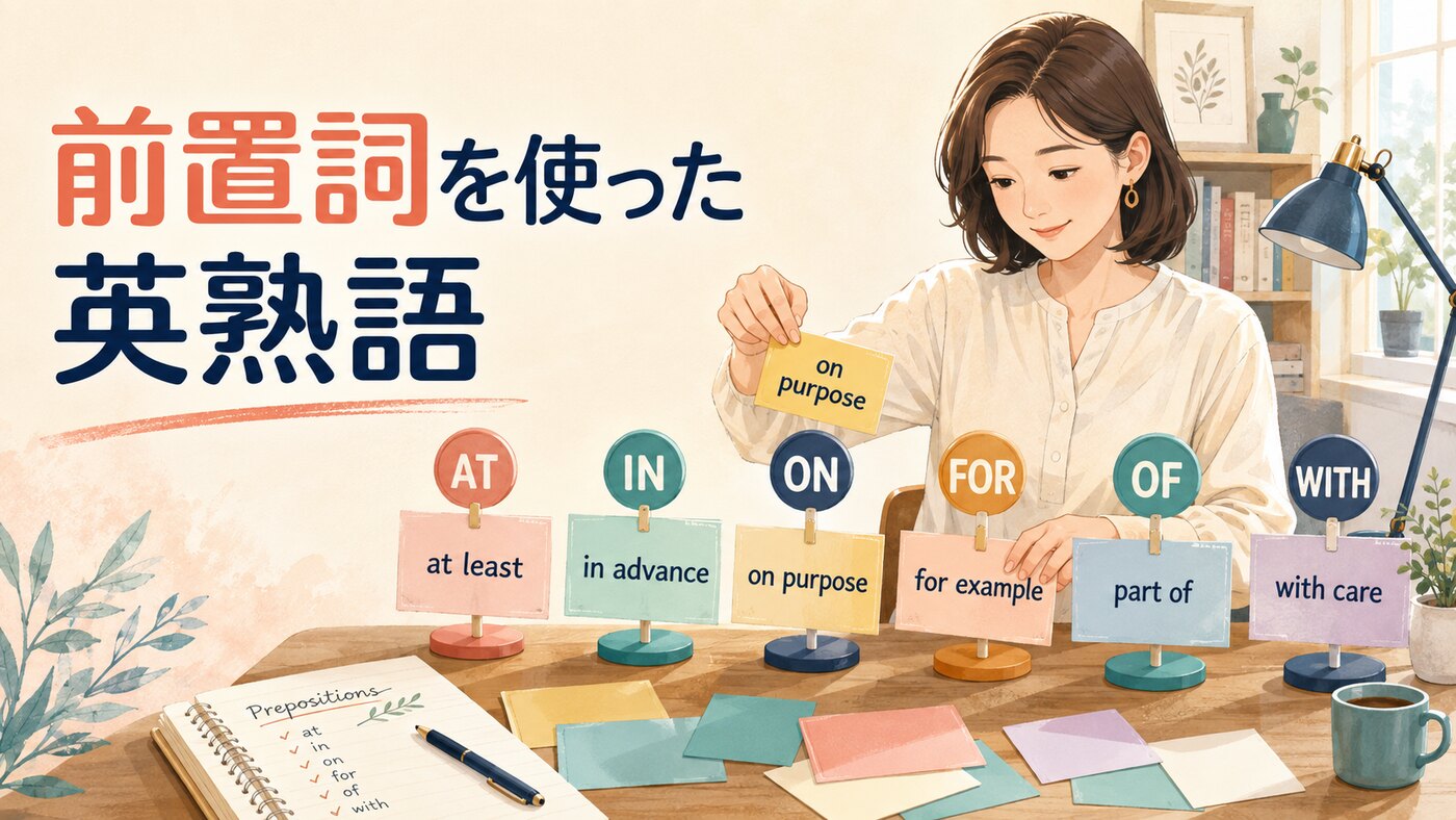 前置詞を使った英熟語をAT・IN・ON・FOR・OF・WITH別に整理する女性