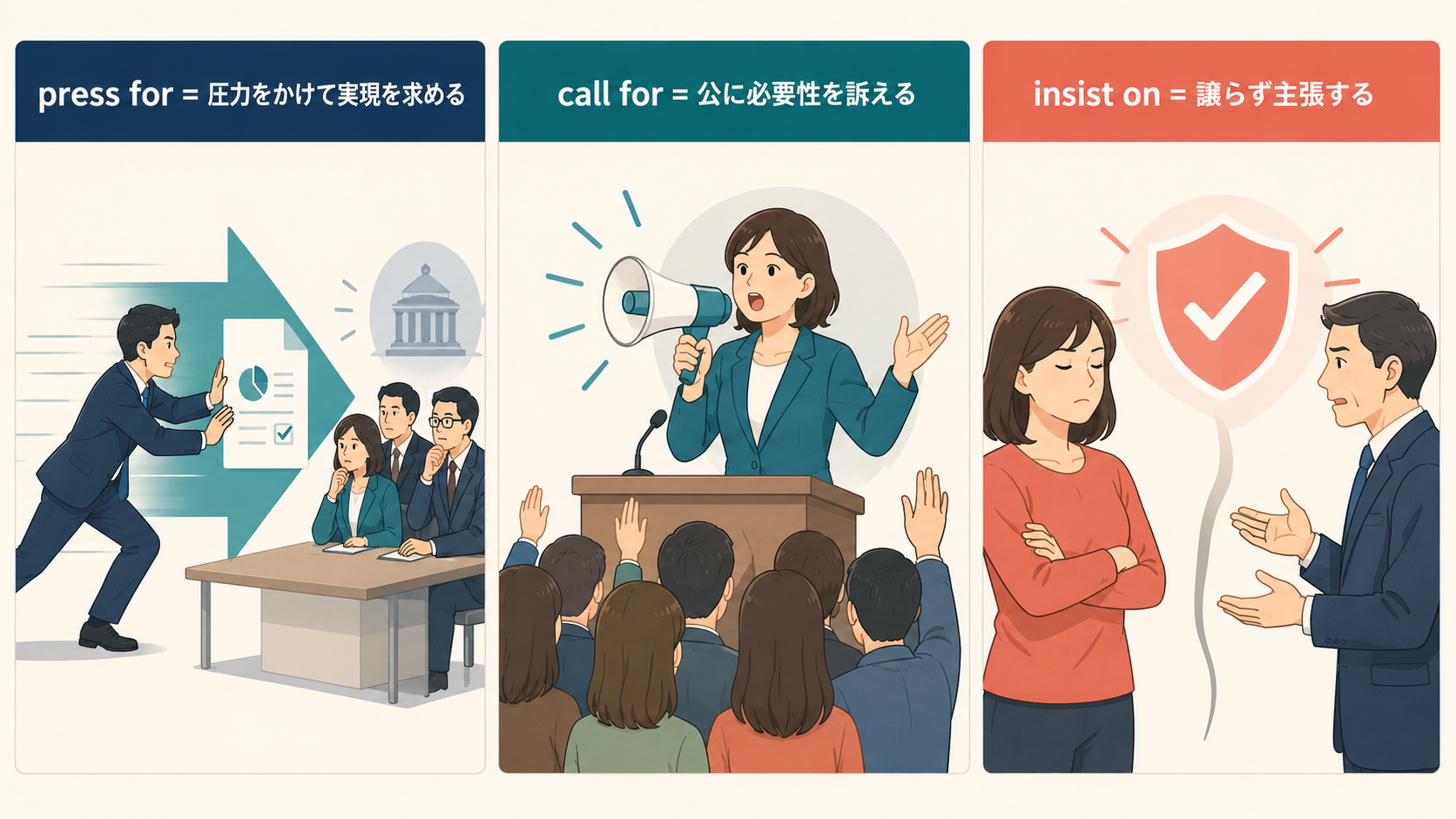 press for・call for・insist onのニュアンスの違いを示す比較イラスト