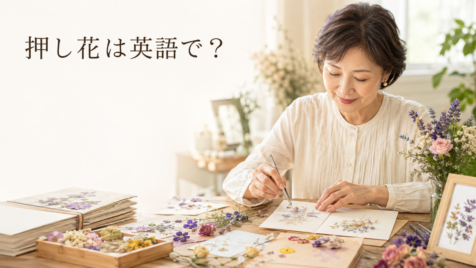 押し花作りを楽しむ女性と「押し花は英語で?」の文字