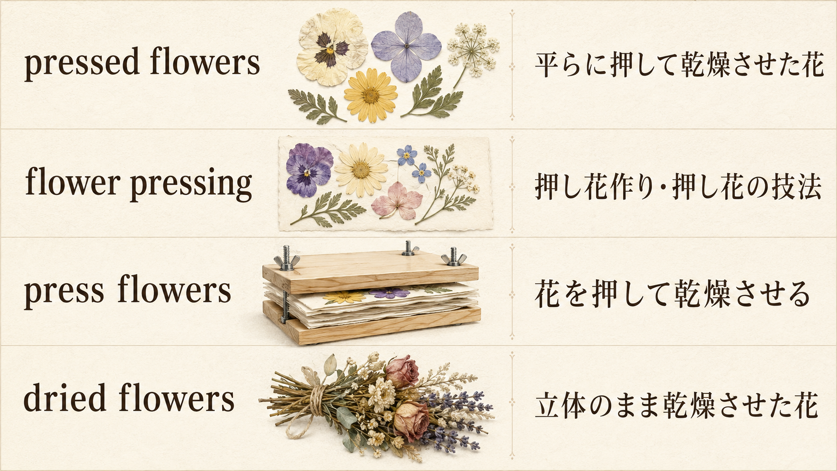 押し花とドライフラワーを表す英語の比較図