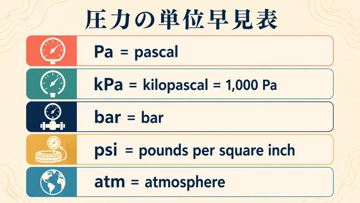 Pa・kPa・bar・psi・atmの英語名を示す圧力単位早見表