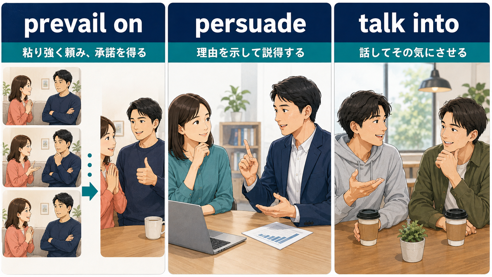 prevail on、persuade、talk intoのニュアンスの違いを示す比較図