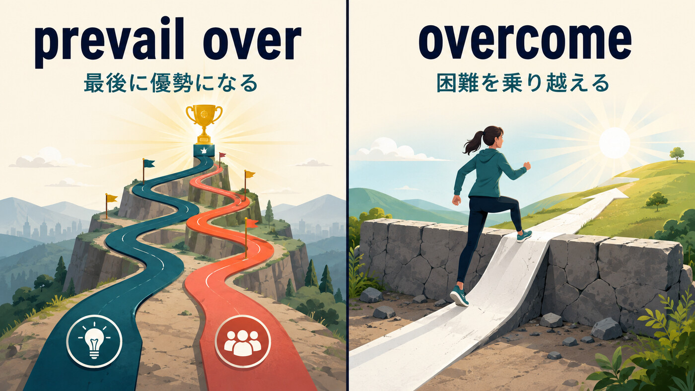 prevail overは最後に優勢になる、overcomeは困難を乗り越えるという違いを示すイラスト