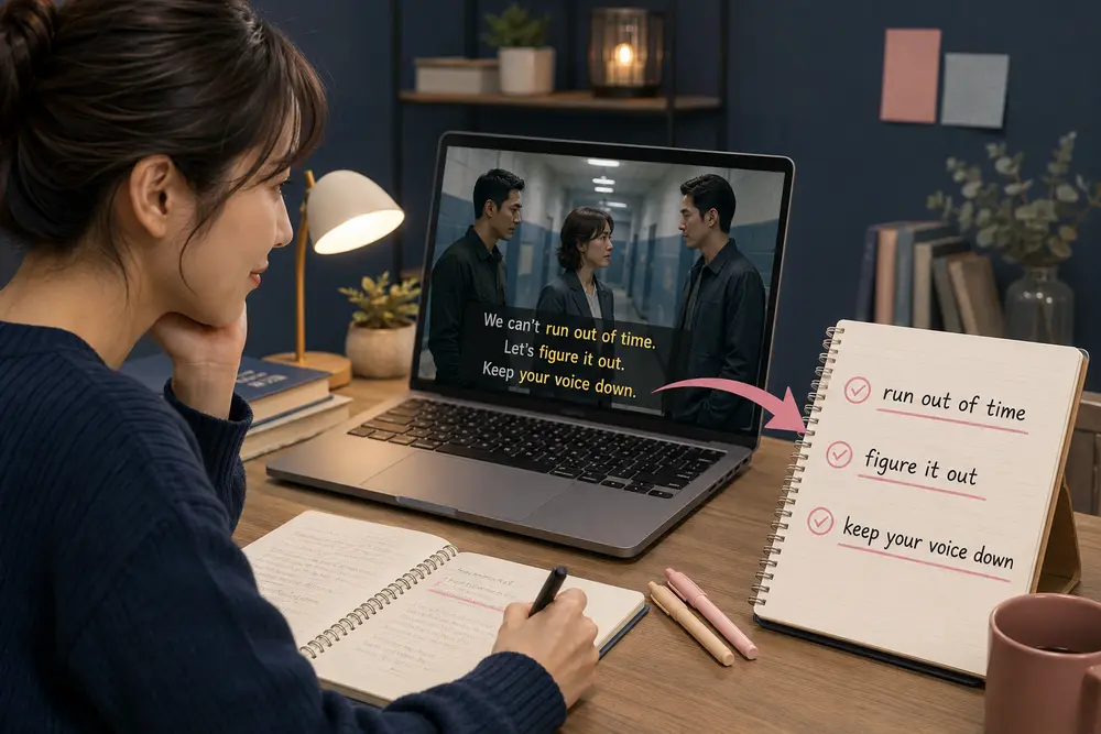 プリズン・ブレイクの短い表現と句動詞を学習する女性