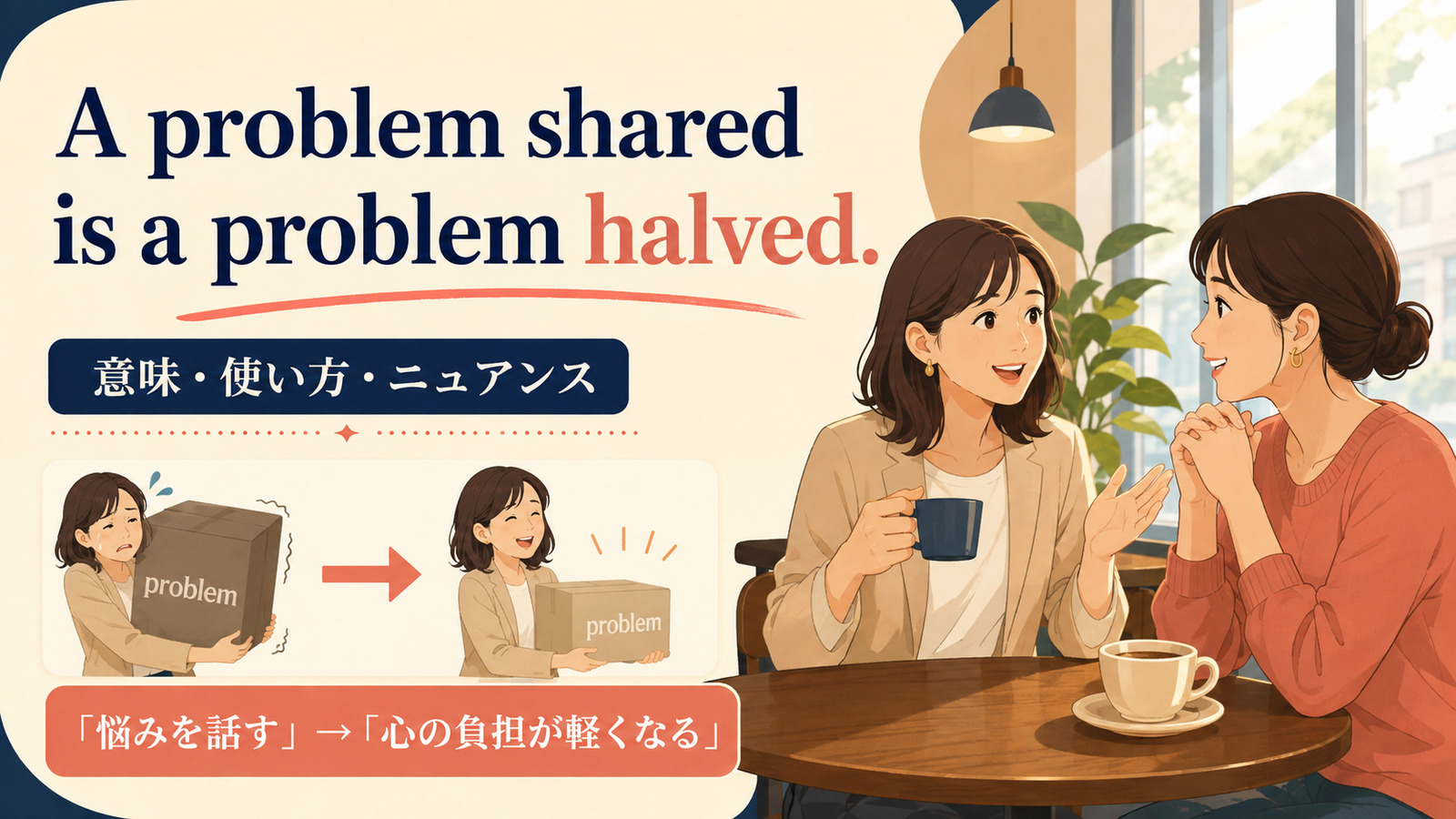 A problem shared is a problem halved.の意味は？使い方・ニュアンスと例文