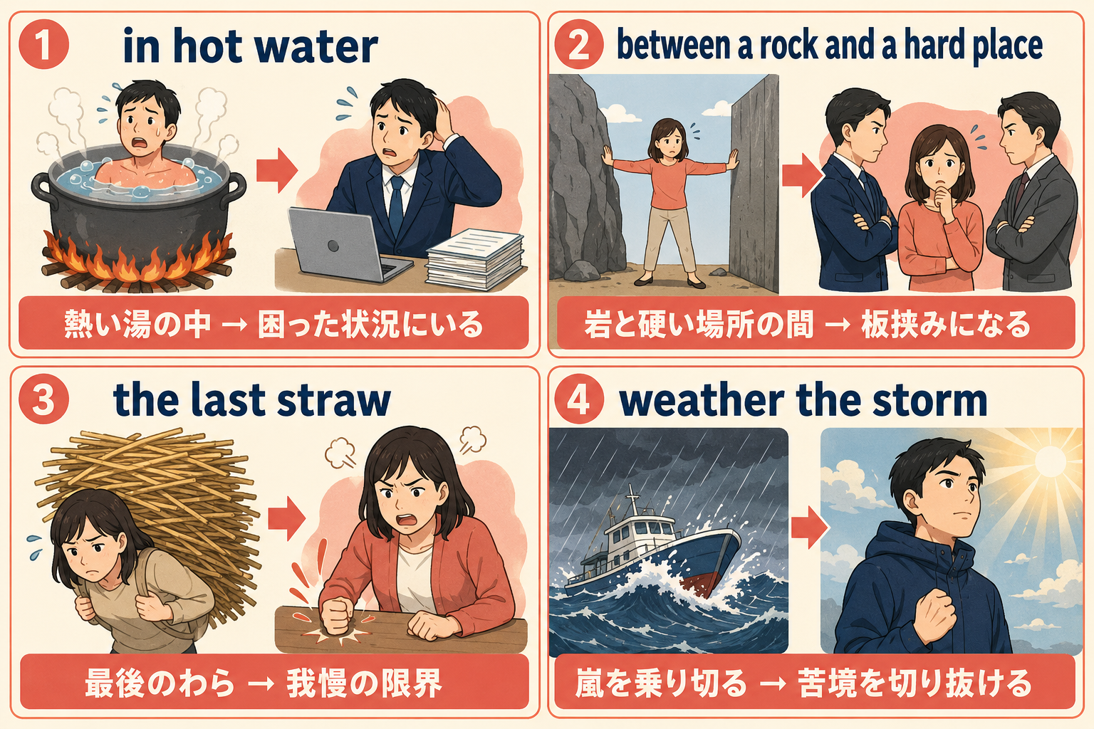 in hot water、between a rock and a hard place、the last straw、weather the stormの直訳と意味