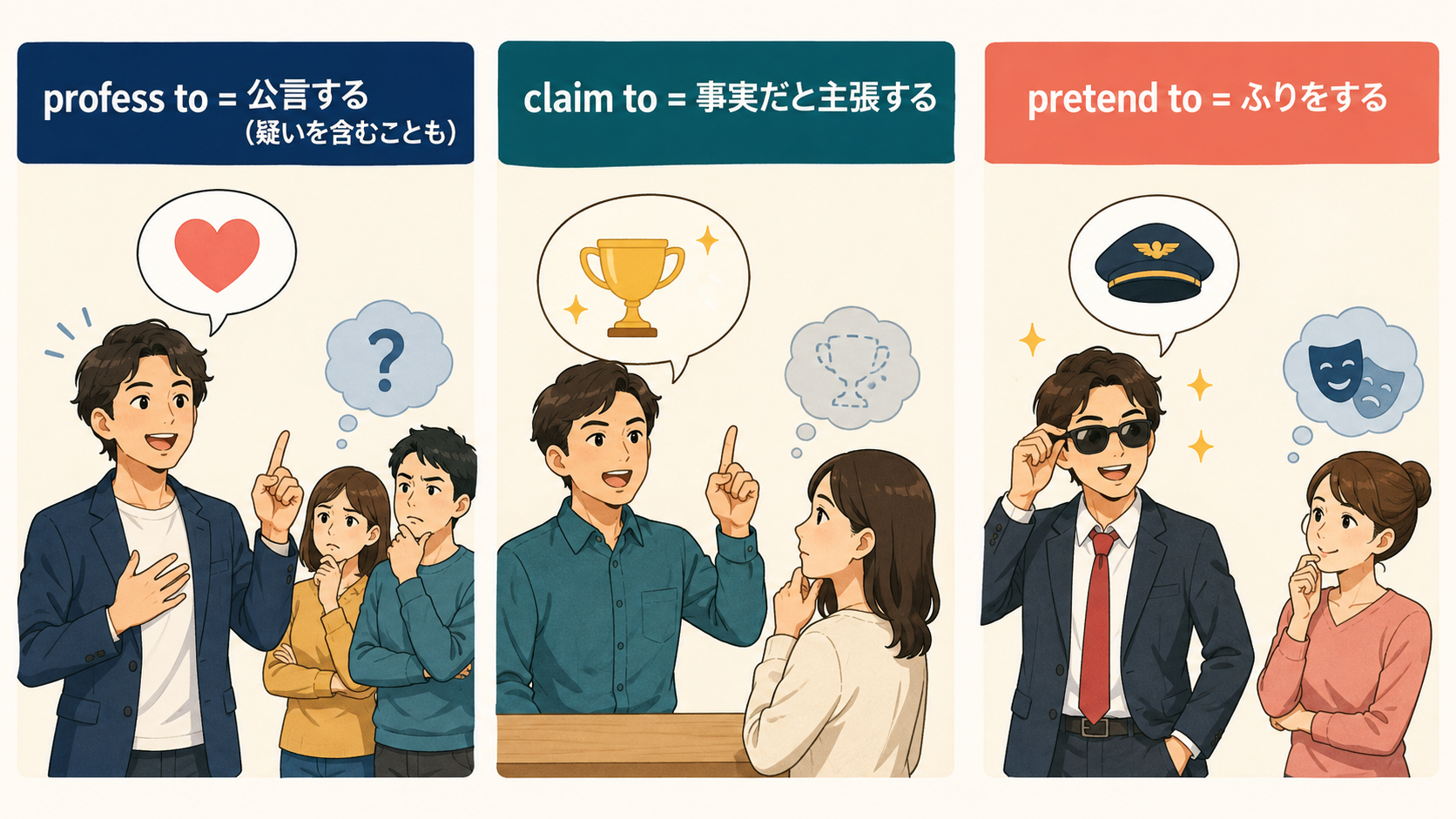 profess to・claim to・pretend toのニュアンスの違いを示す比較イラスト
