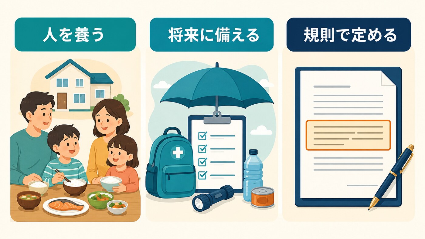 provide forの「人を養う・将来に備える・規則で定める」という3つの意味を示す図