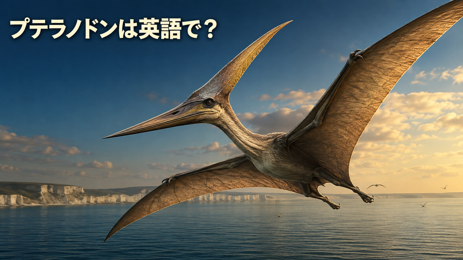 白亜紀の海上を飛ぶプテラノドンと「プテラノドンは英語で?」の文字