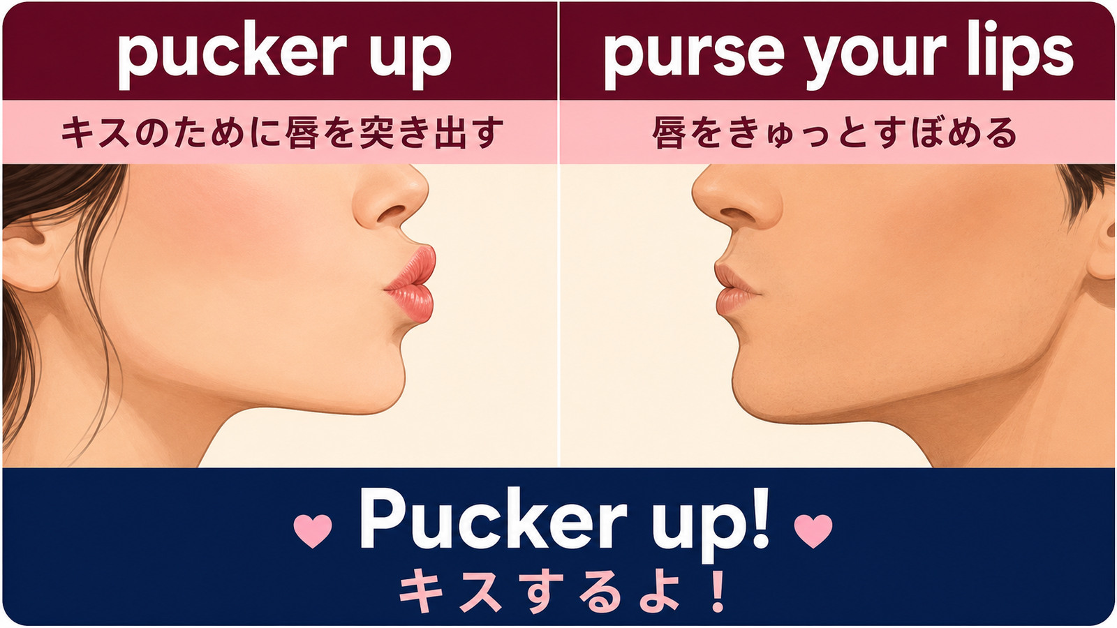 pucker upとpurse your lipsの唇の形とニュアンスの違い