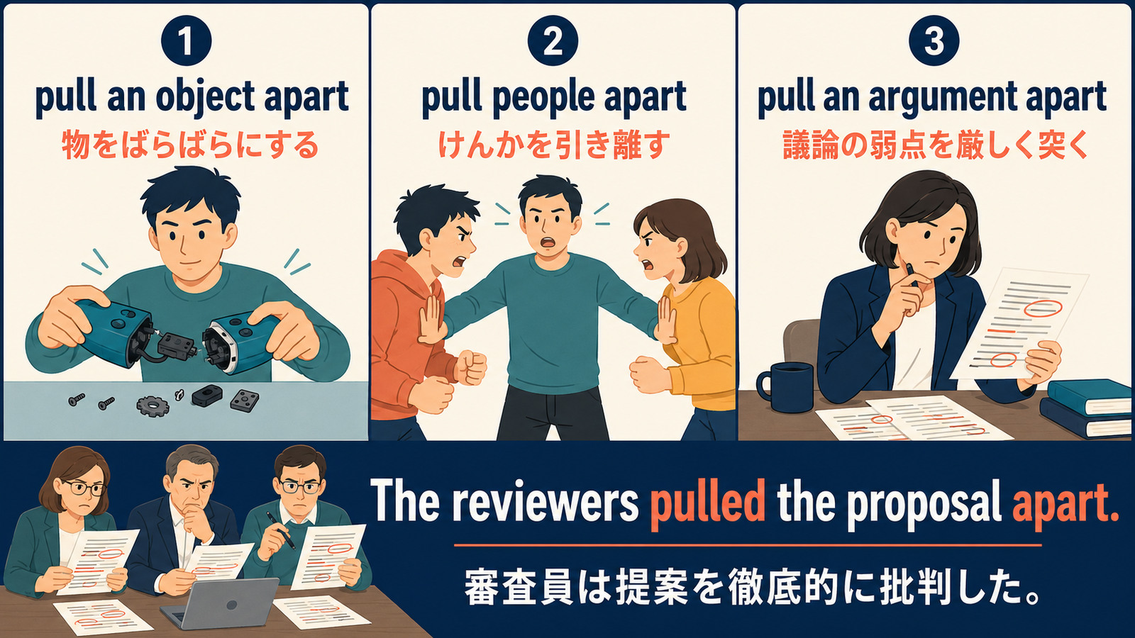pull apartの物をばらばらにする・けんかを引き離す・議論を批判するという3用法