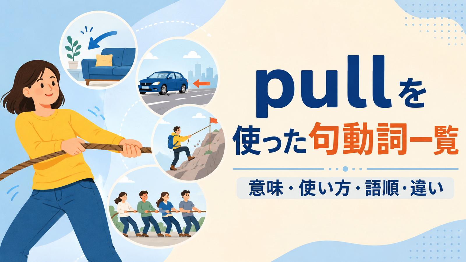 pullを使った句動詞の意味・使い方・語順・違いをまとめた一覧記事のアイキャッチ