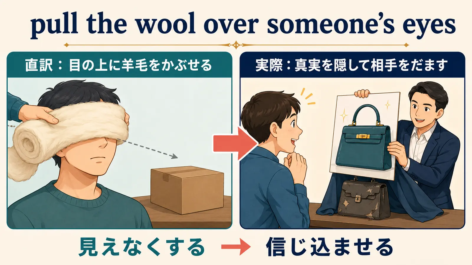 pull the wool over someone’s eyesの直訳と真実を隠してだます意味の比較図