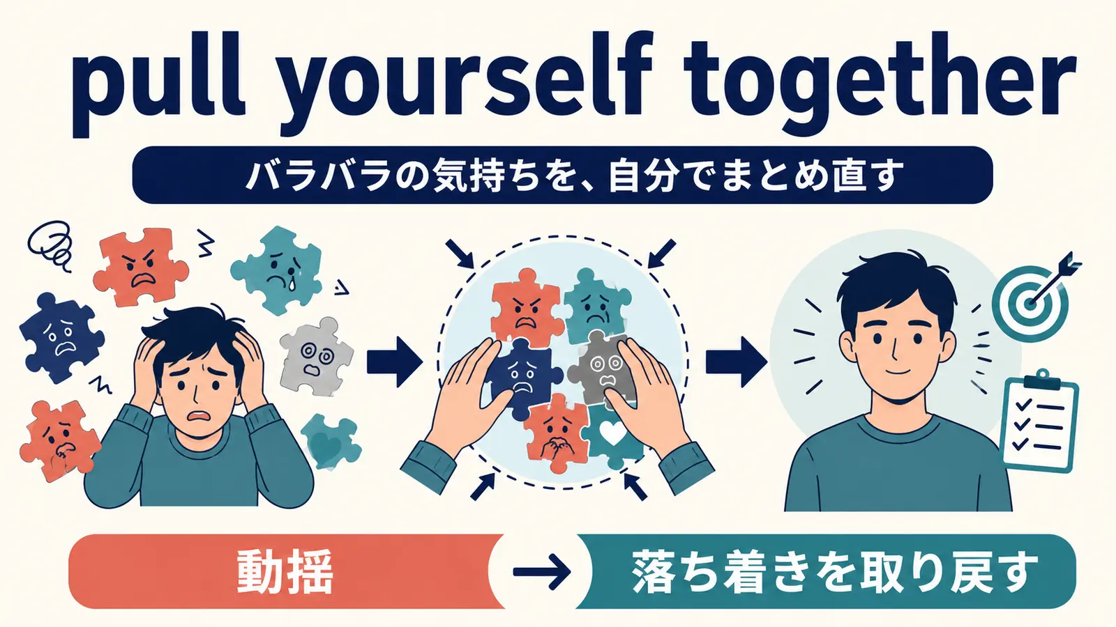 pull yourself togetherはバラバラの気持ちを自分でまとめ直して落ち着きを取り戻すイメージ