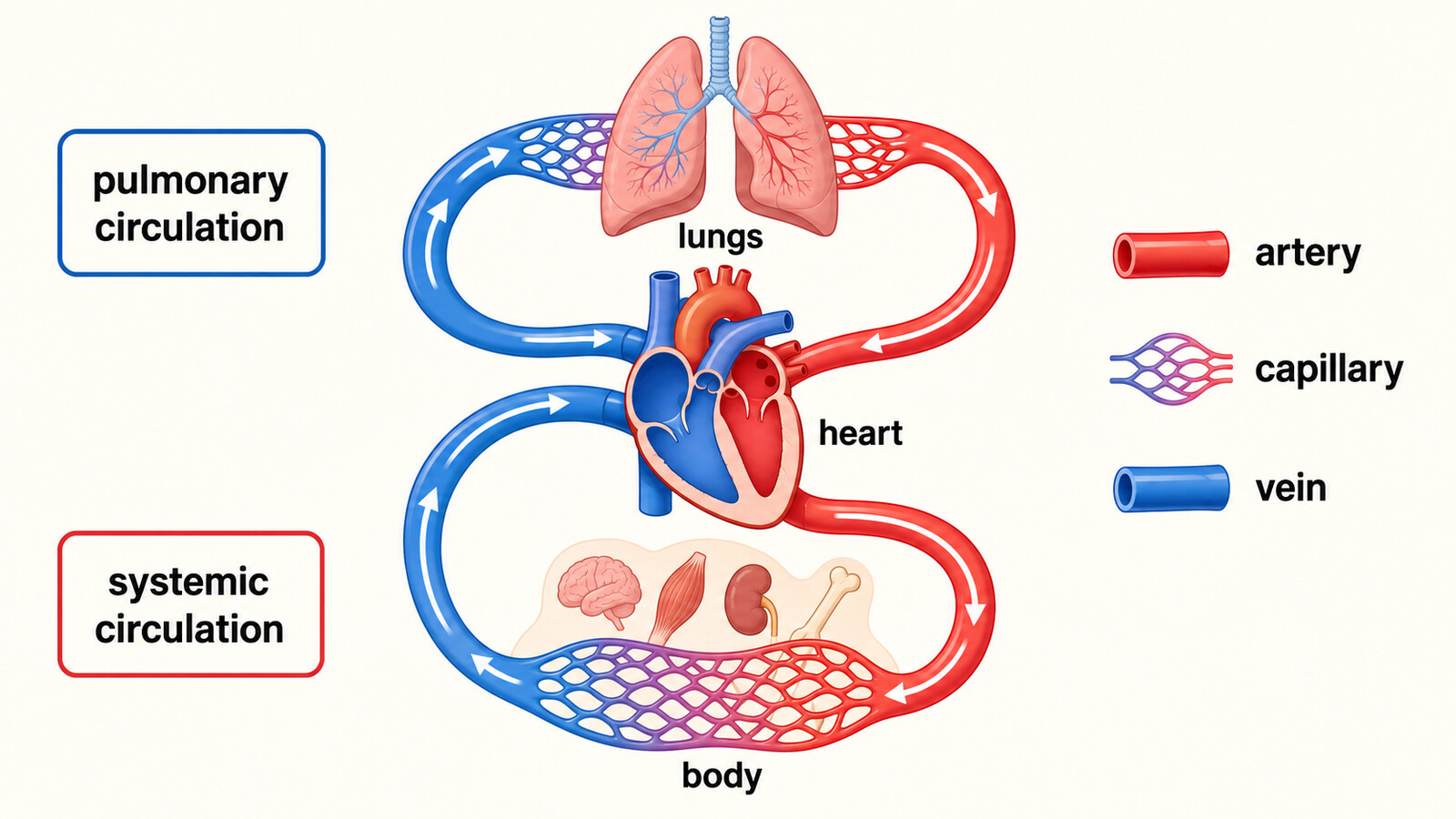 pulmonary circulationとsystemic circulationの血液の流れを示した英語図解