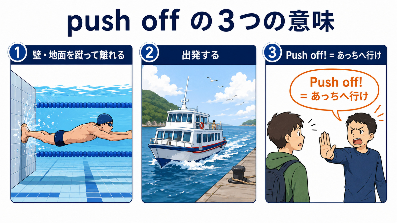 push offの方向感覚と代表的な使い方を示す解説イラスト