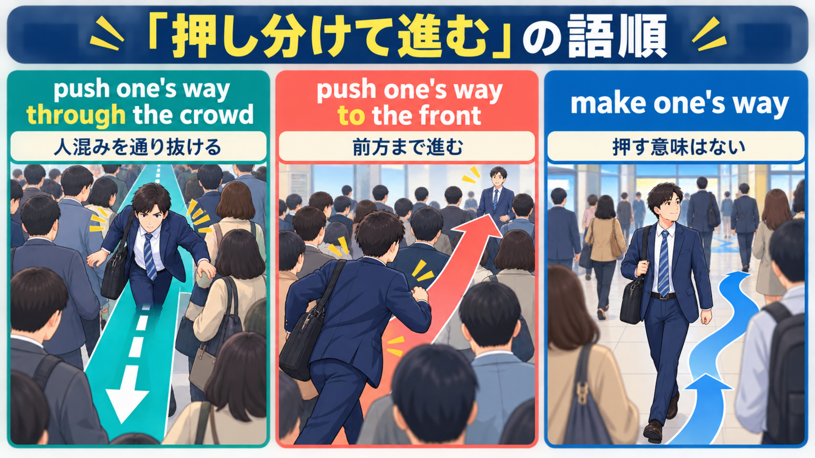 push one’s way throughとtoの語順、make one’s wayとの違い