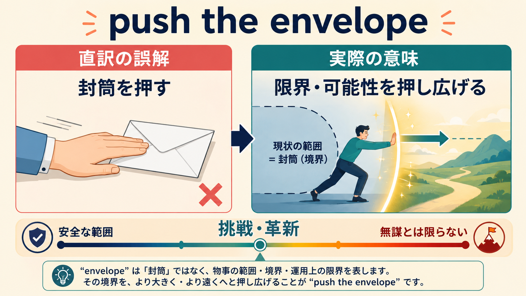 push the envelopeの直訳の誤解と限界や可能性を押し広げる意味を比較した図