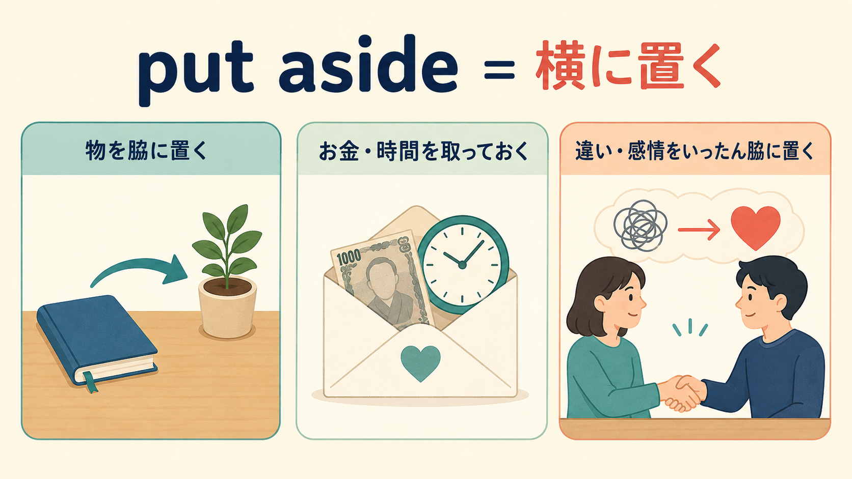 put asideの物・お金や時間・違いや感情を脇に置く3用法の解説図