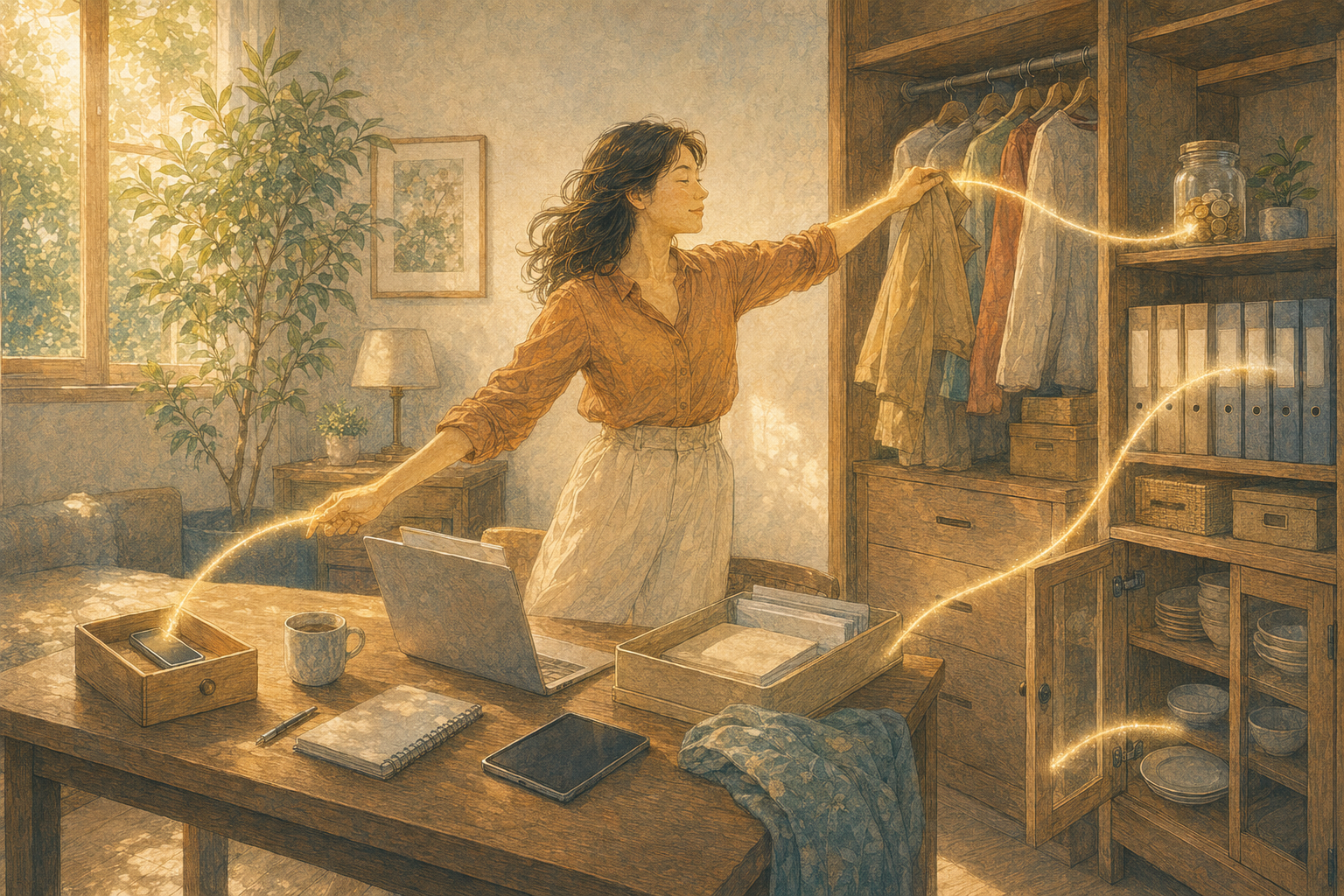 使っている物を机の上から本来の収納場所へ移すput awayのコアイメージ