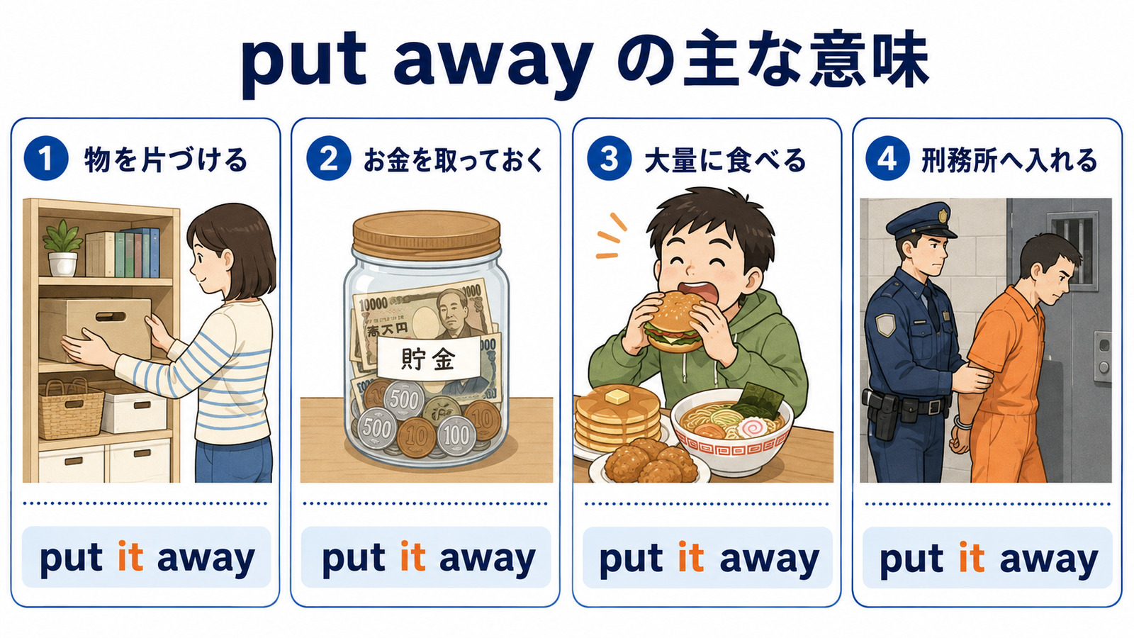 put awayの方向感覚と代表的な使い方を示す解説イラスト