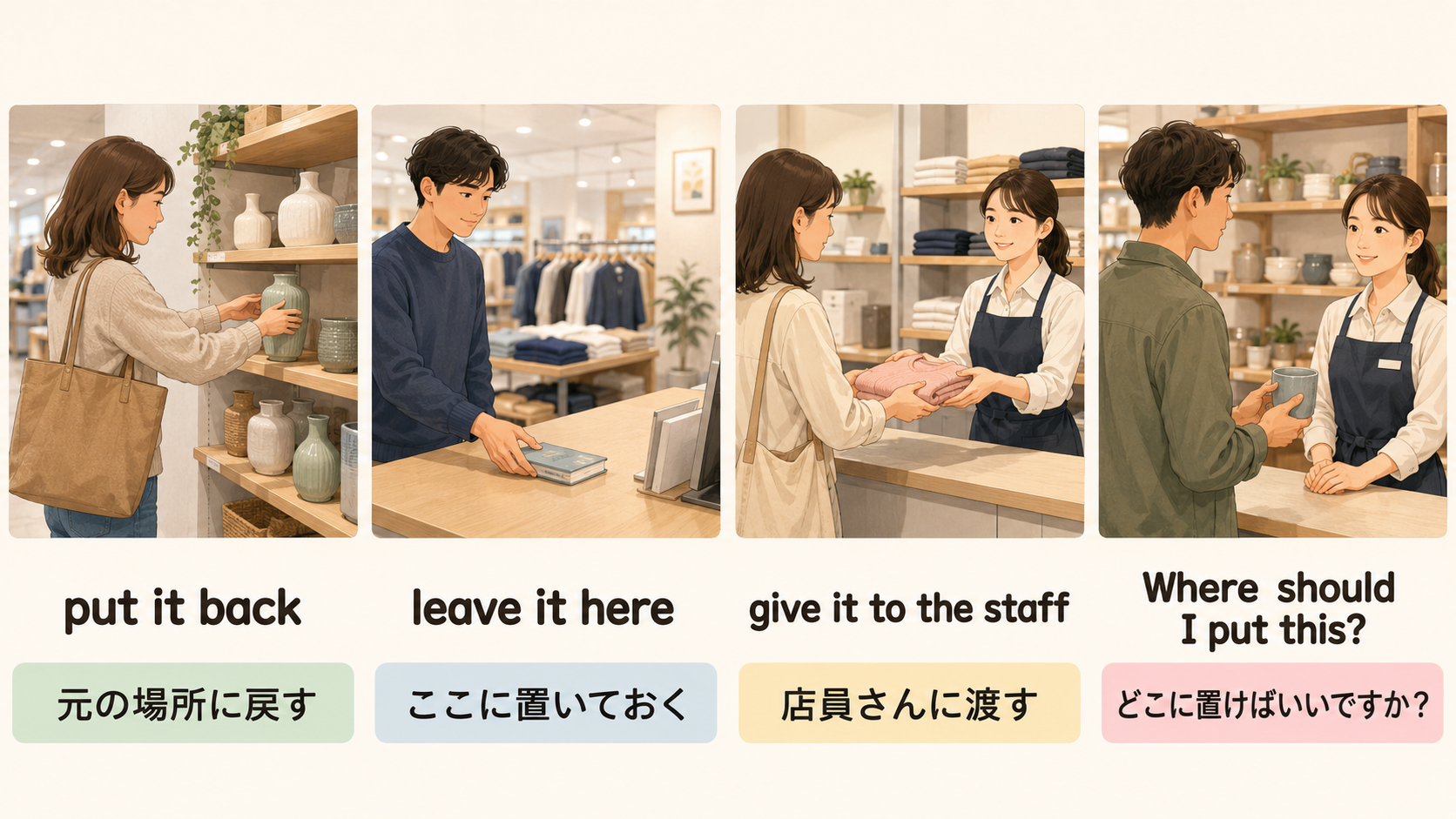 put it back、leave it here、give it to the staff、Where should I put thisの違い