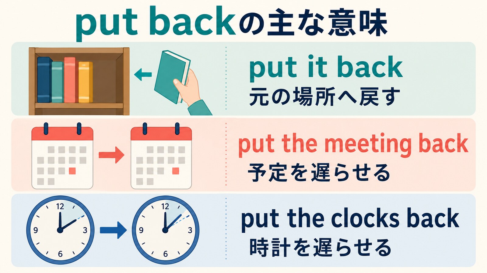 put backの元の場所へ戻す・予定を遅らせる・時計を遅らせるという3つの意味