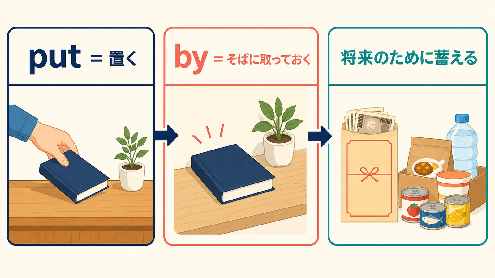 putは置く、byはそばに取っておく、put byは将来のために蓄えるというコアイメージ