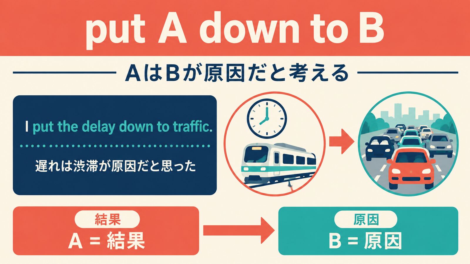 put down toの中心イメージと代表的な用法を示す解説イラスト