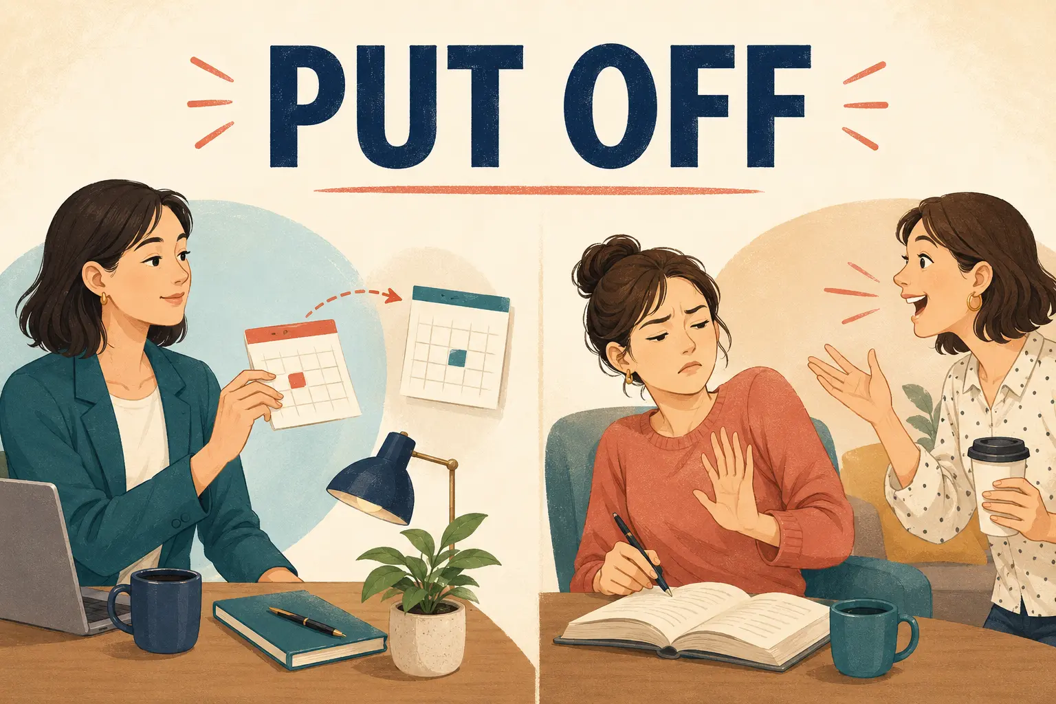 PUT OFFの文字と、予定を延期する場面・相手の気をそぐ場面を描いたイラスト