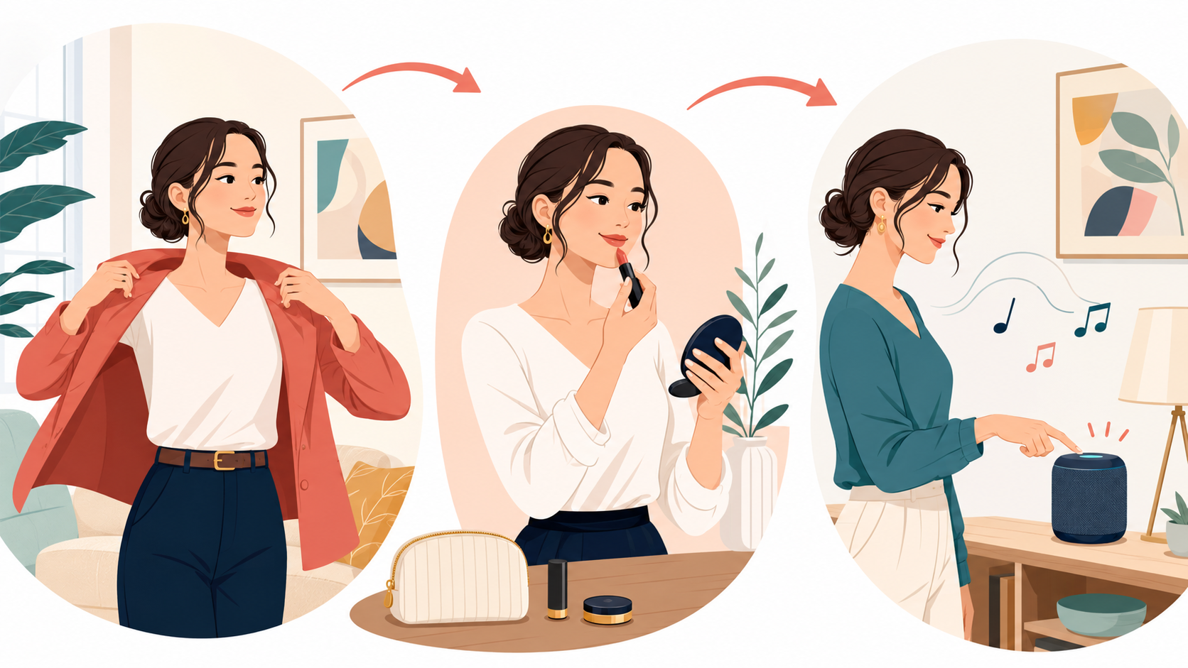 put onの着る・化粧をする・音楽をかけるという使い方を表すイラスト