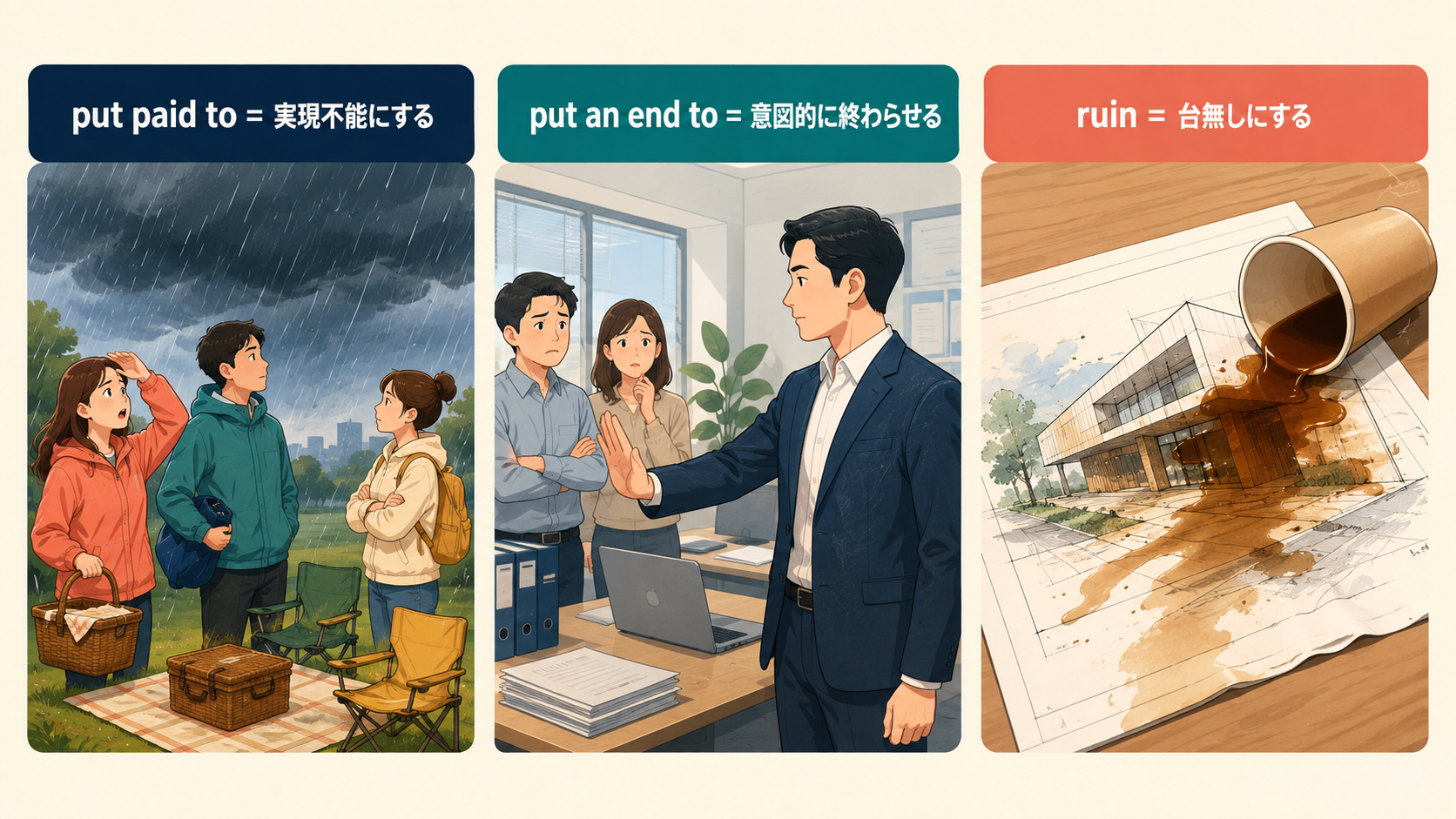 put paid to・put an end to・ruinのニュアンスの違いを示す比較イラスト