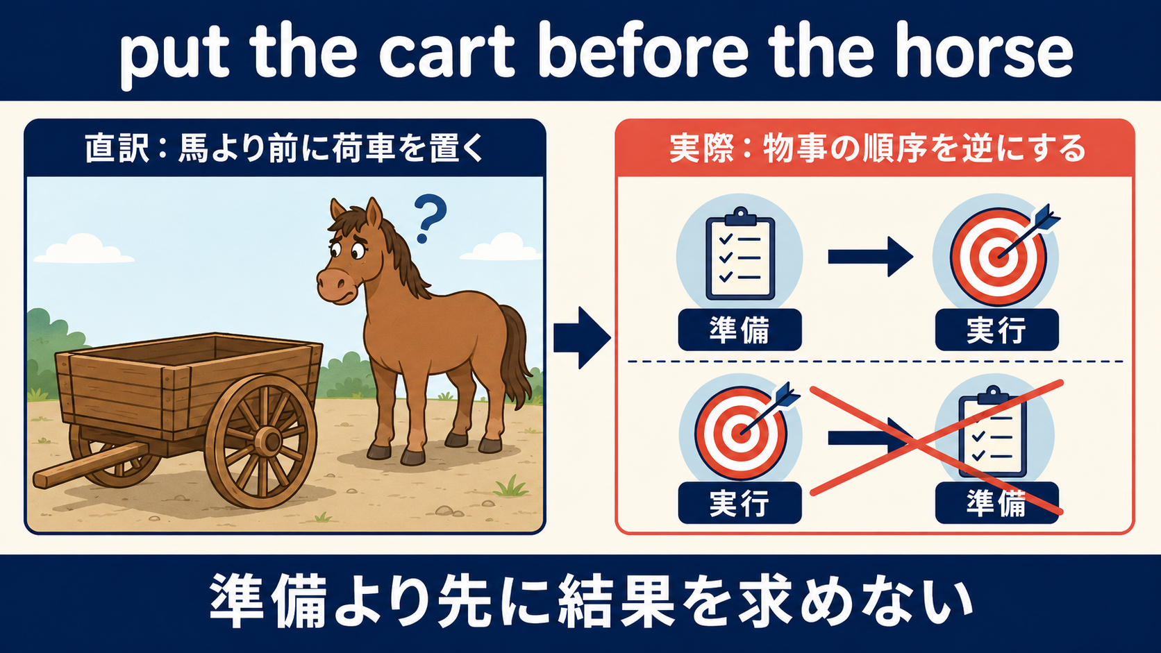put the cart before the horseの直訳と実際のニュアンスを比較する解説イラスト