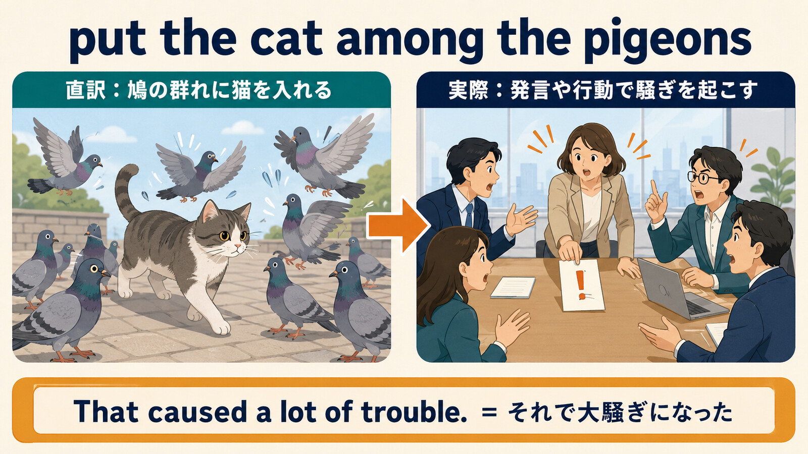 put the cat among the pigeonsの直訳と実際の意味