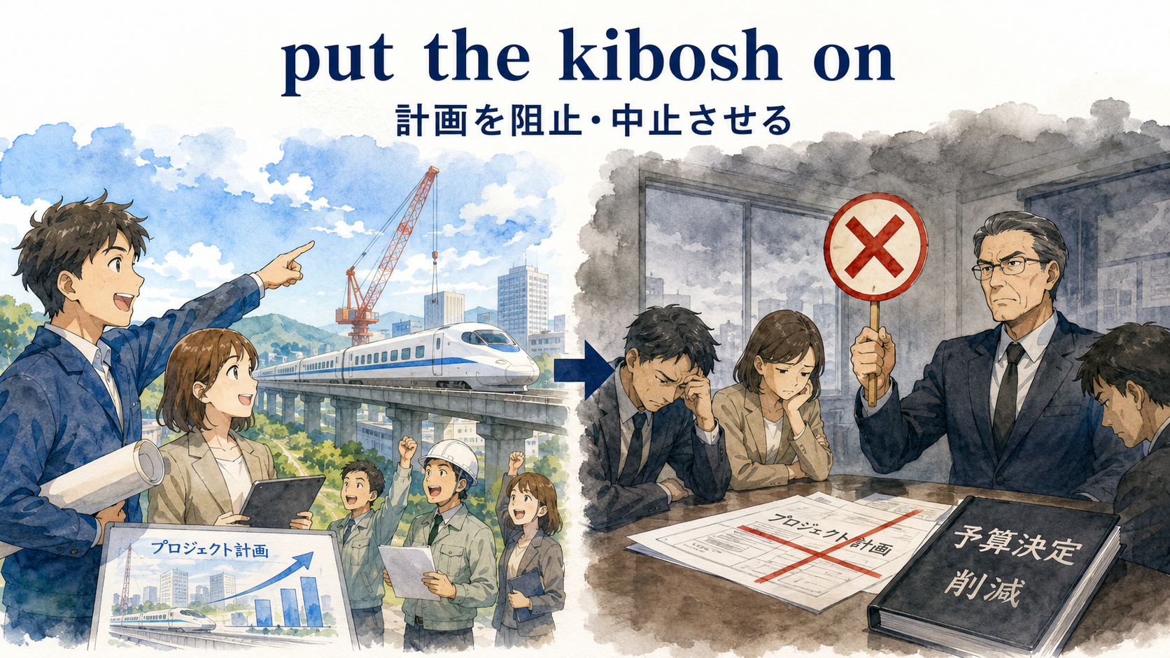 put the kibosh onの直訳と実際の意味を比較する解説イラスト