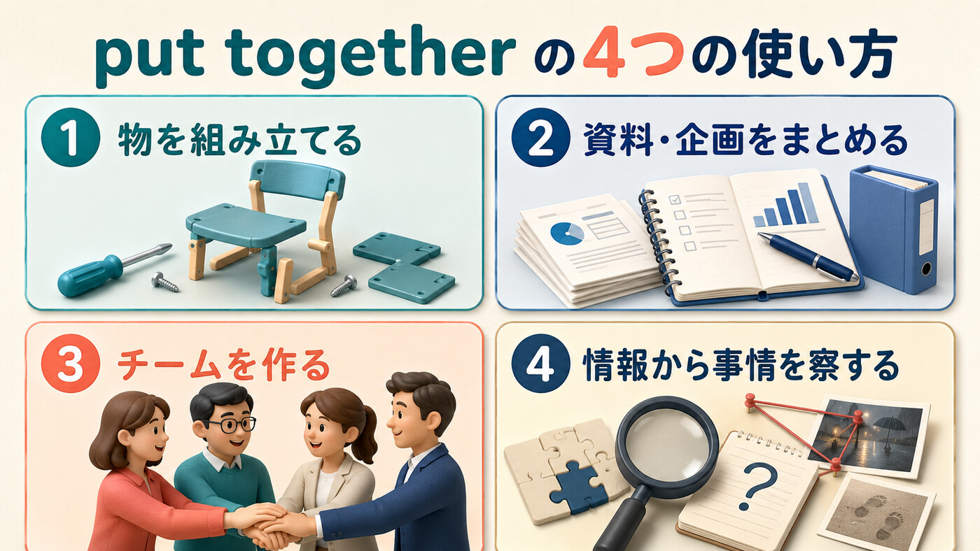 put togetherの「物を組み立てる・資料をまとめる・チームを作る・事情を察する」を示す図解