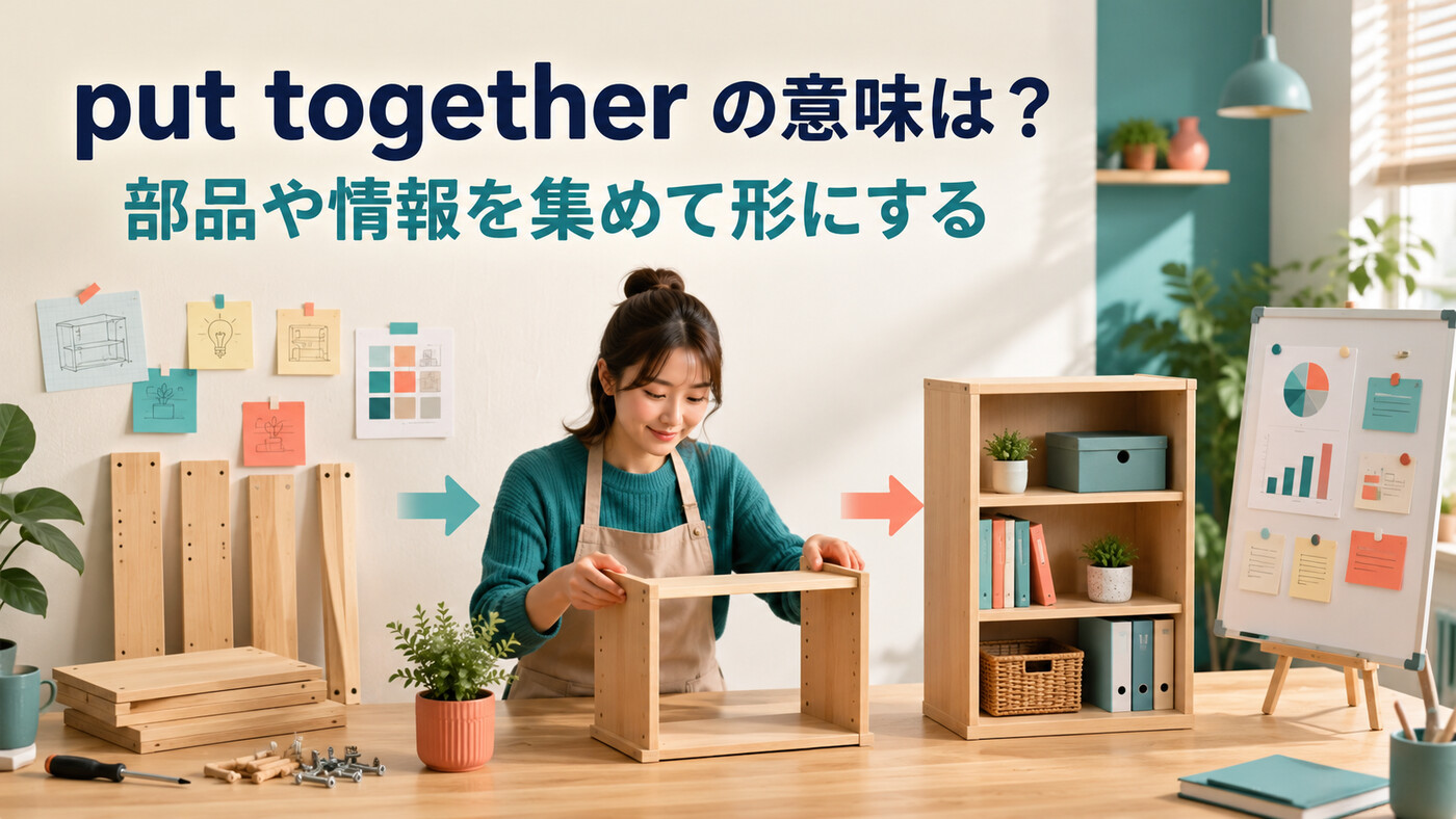 部品や情報を集めてput together「組み立てる・まとめる」を示すイラスト