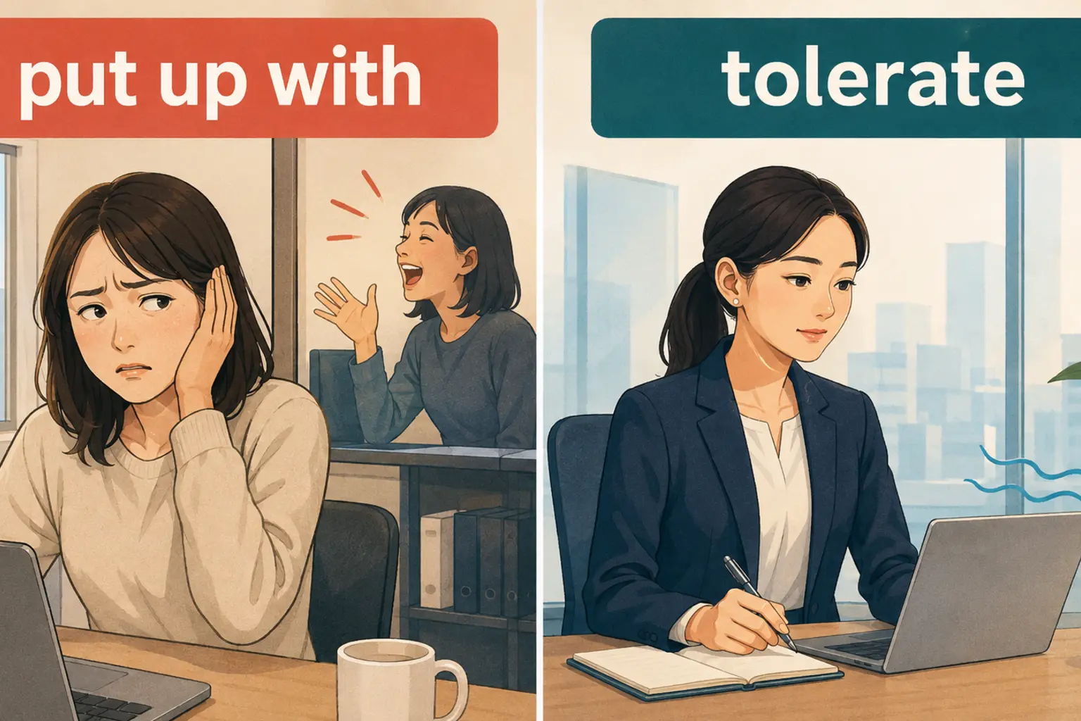 put up withとtolerateのニュアンスの違いを示すイラスト