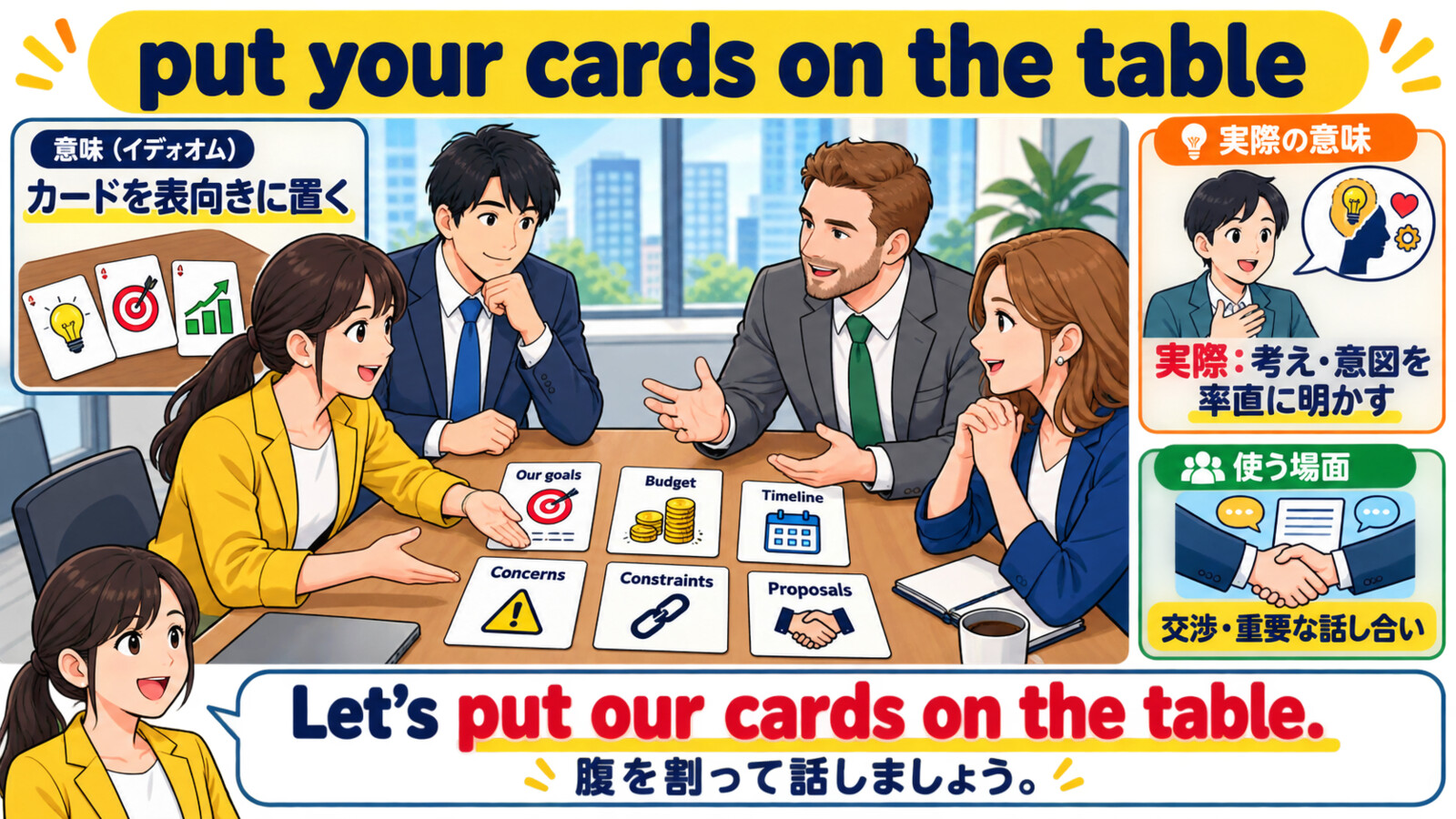 put your cards on the tableの直訳と実際の意味を比較する本文イラスト