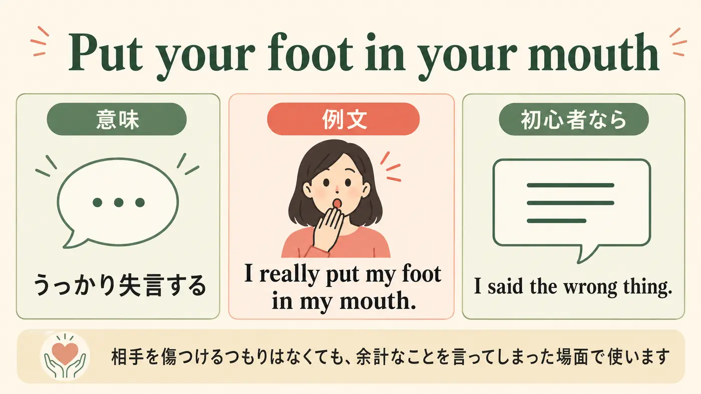 Put your foot in your mouthの意味・例文・初心者向け言い換え