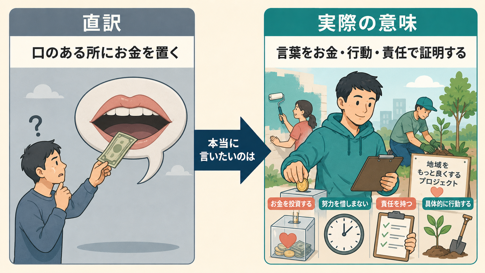 put your money where your mouth isの直訳と実際のニュアンスを比較した解説イラスト