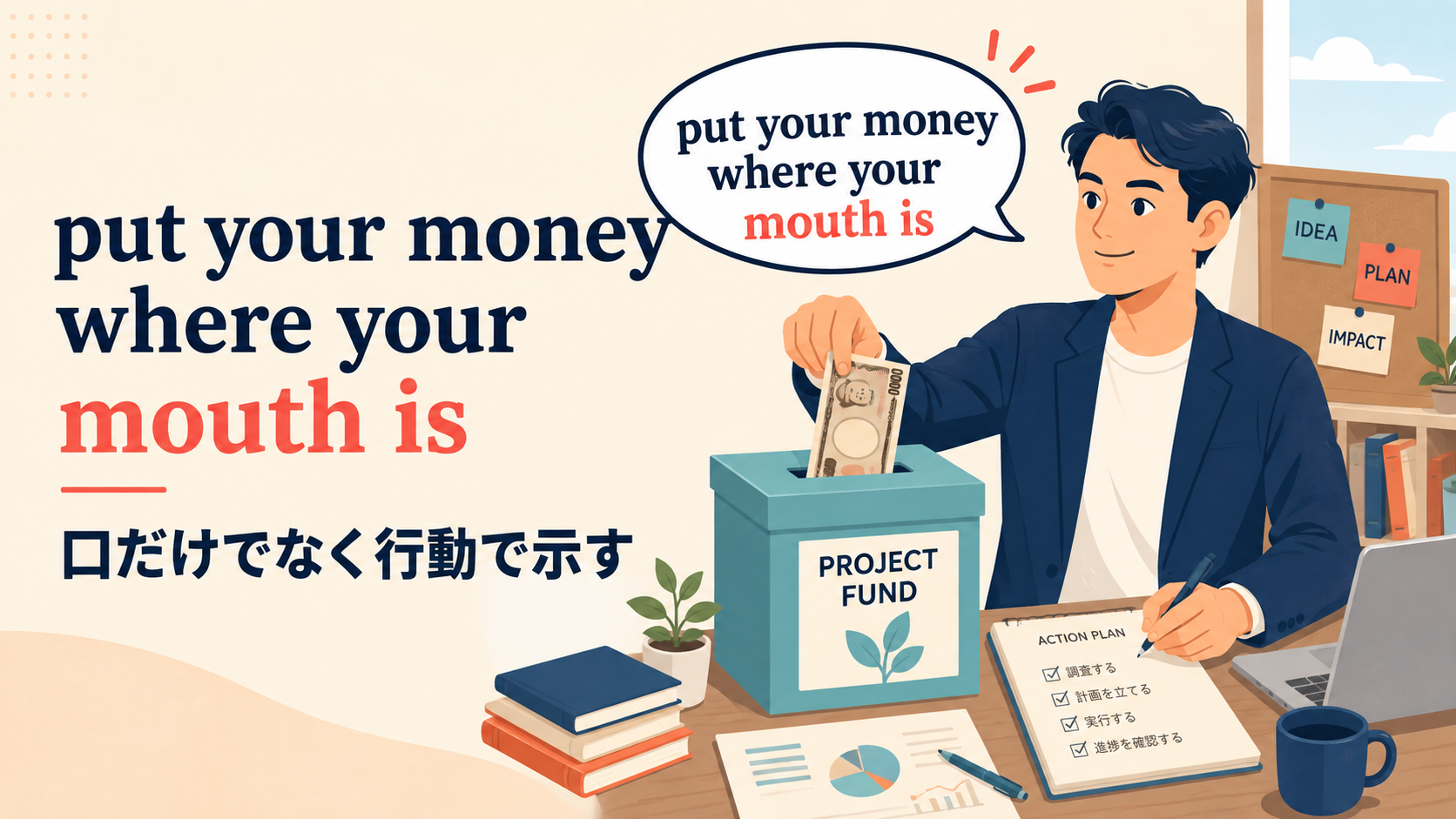 put your money where your mouth isの意味は口だけでなく行動で示すと解説するアイキャッチ画像