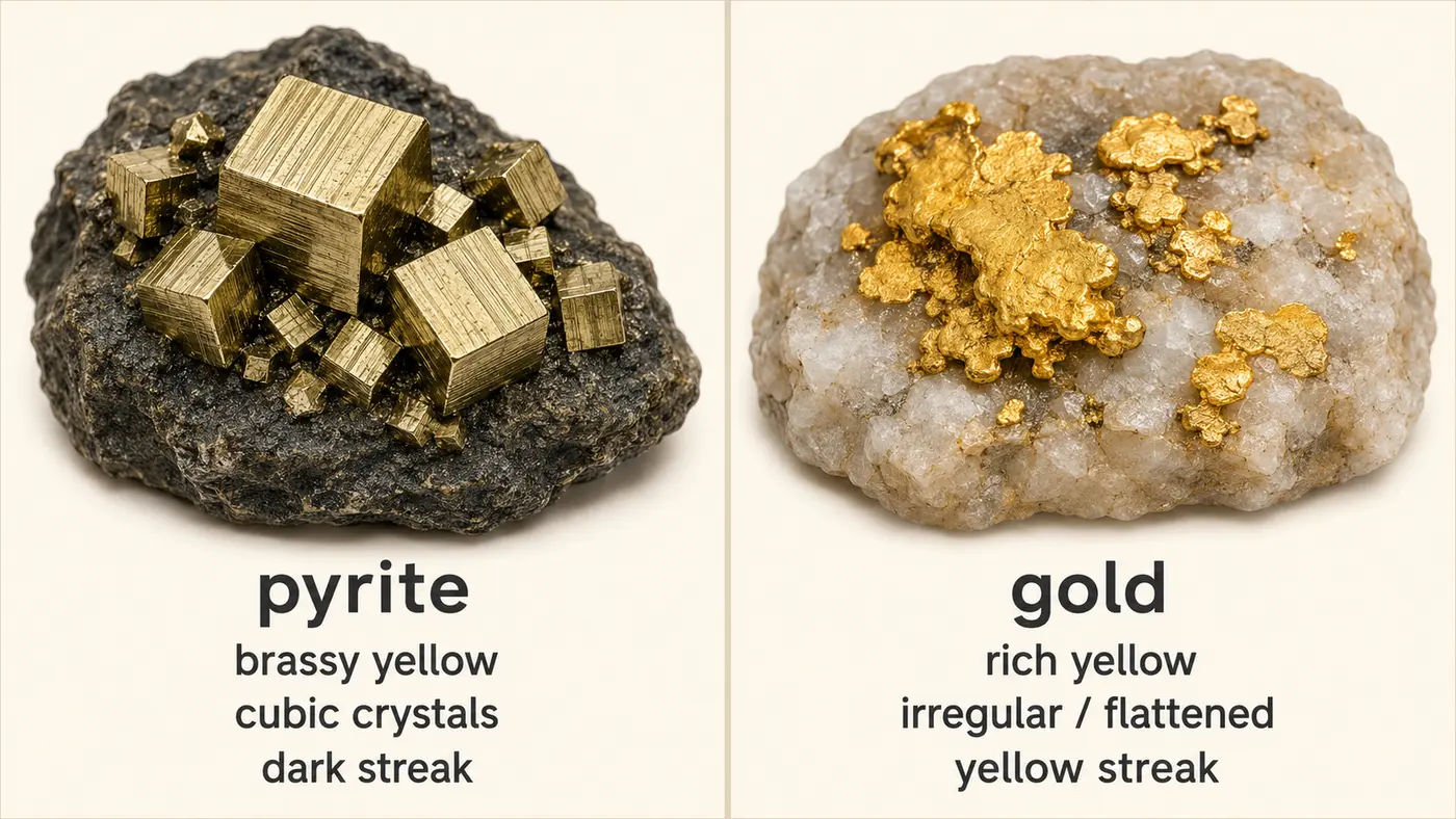 黄鉄鉱pyriteと自然金goldの色・形・条痕を比較した英語解説図