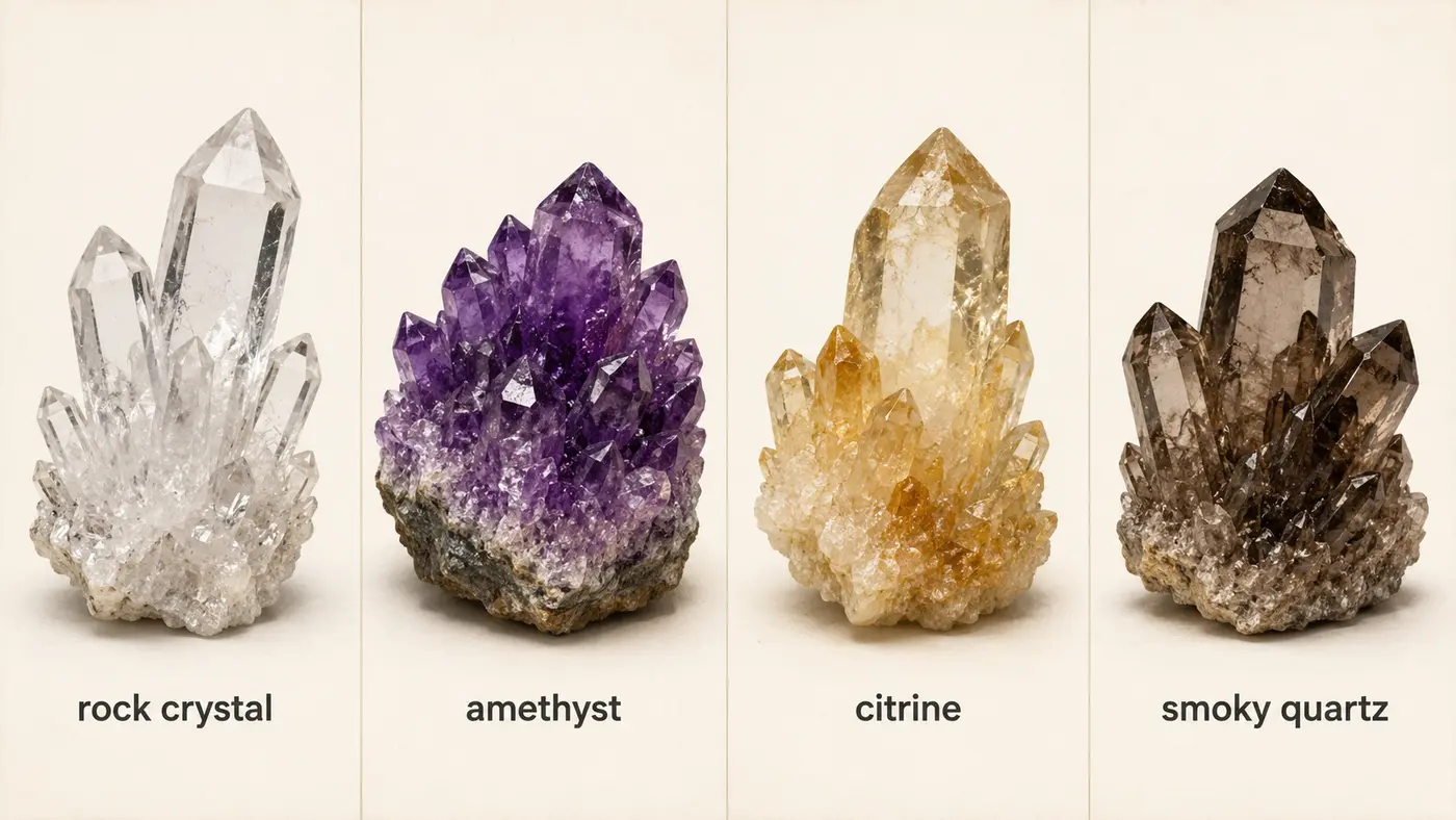 rock crystal、amethyst、citrine、smoky quartzを比較した石英の英語解説図